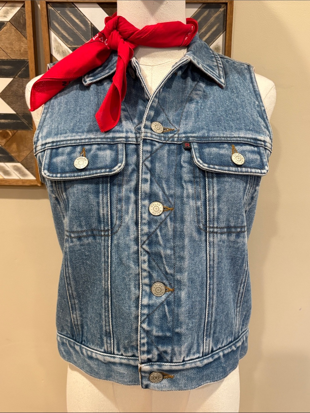 Vintage RALPH Ralph Lauren 90s Denim Jean Jacket Vest with Red Floral Lining XS